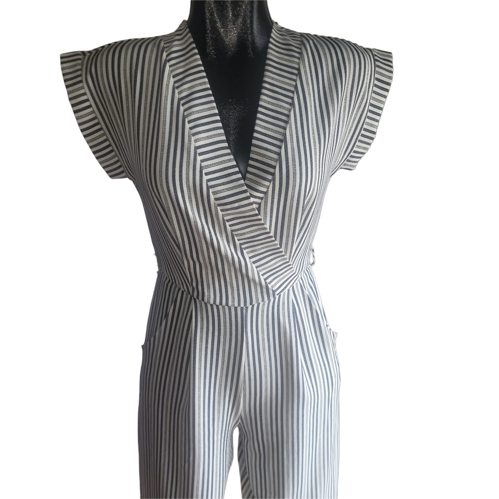 Monteau Striped Blue and White Short Sleeve One Piece Jumpsuit Size S